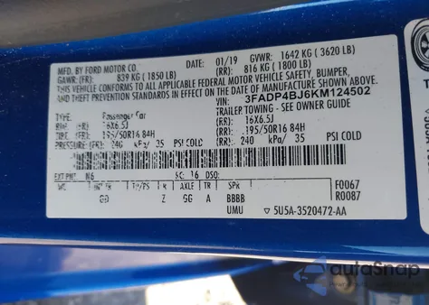 2019 Ford Fiesta Se z USA, uszkodzony, nr VIN 3FADP4BJ6KM124502